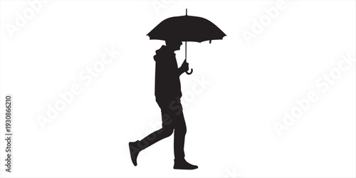 man walking under umbrella silhouette, vector on white background