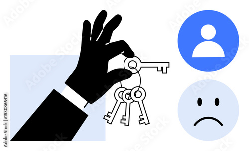 Cybersecurity concept. Cybersecurity with keys access control, user icons for identity, and a frowning face for breached security. For digital security, data protection, access management, fraud