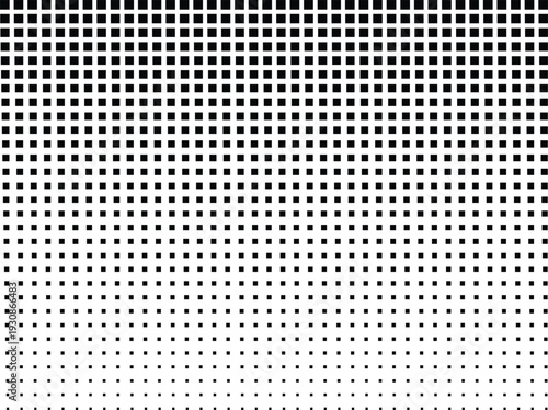 A geometric black and white display shows a vertical progression of many square shapes
