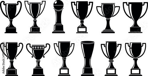 Trophy Cup Vector Silhouette Set, Featuring Various Award Designs, Achievement Symbols, Competition Prizes, Championship Graphics, Success Icons, On White Background