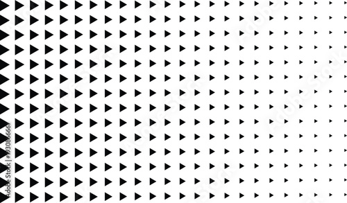 A striking black and white visual presents a horizontal pattern of many triangle shapes