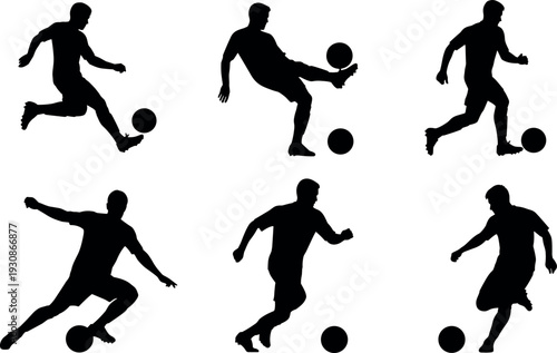 Set of black silhouettes featuring male soccer players kicking balls in various action poses for sports competition 