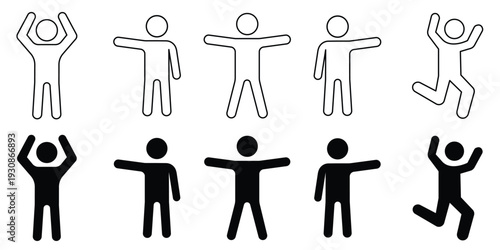 Human action poses outline and solid stick figure icon set vector illustration