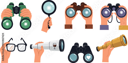 Collection of hands holding various optical instruments like binoculars telescope and magnifying glass