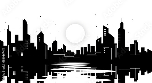 Modern City Skyline Silhouette with Reflective Water and Moon.