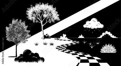 Monochromatic Landscape with Trees and Checkered Path.