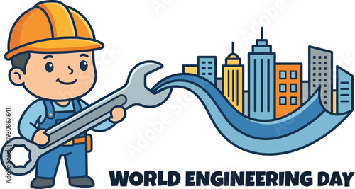 Cartoon Engineer Holding Wrench, Creating a Cityscape with Blue Waves for World Engineering Day Celebration