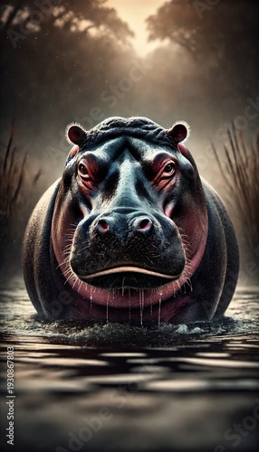 Epic portrait of a powerful hippopotamus partially submerged in a dramatic, misty African wetland at dusk