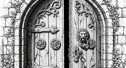 Ornate Medieval Wooden Door with Intricate Metalwork and Lion Head Knocker.