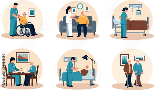 Collection of scenes showing caregivers assisting elderly people in various healthcare situations
