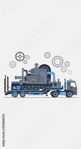 Industrial Heavy Machinery Transported On A Truck With Gears