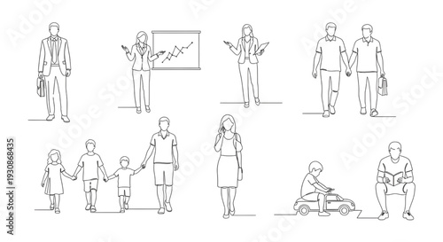 Minimalist Business People Line Art Vector Set – Men, Women, Couples, and Children Characters