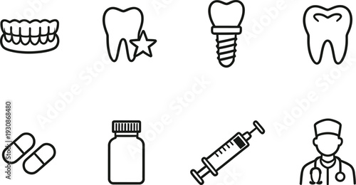 A set of dental and medical line icons including teeth, implants, medicine, and a doctor avatar.