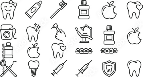 Collection of dental care and dentistry line icons featuring teeth, tools, and hygiene products