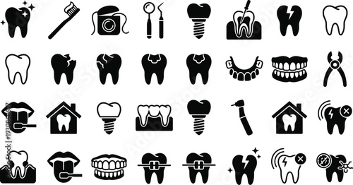 Collection of black and white dental icons representing oral health, tooth care, and dentistry
