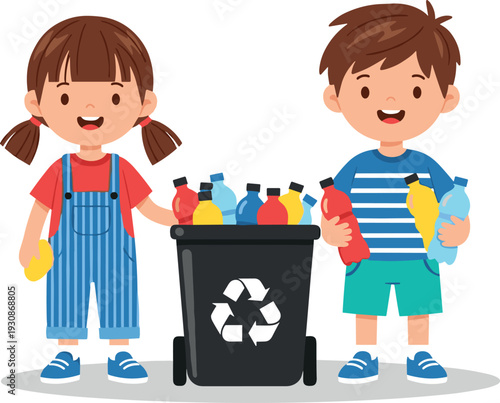 Cute boy and girl recycling plastic bottles in a trash bin with recycle symbol