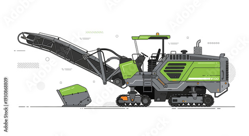Industrial Milling Machine Vector Illustration With Conveyor Belt And Debris