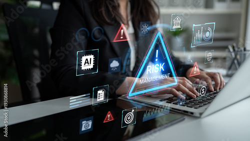 Canvas Print Futuristic risk management featuring AI agents analyzing data, detecting anomalies, and predict financial threats