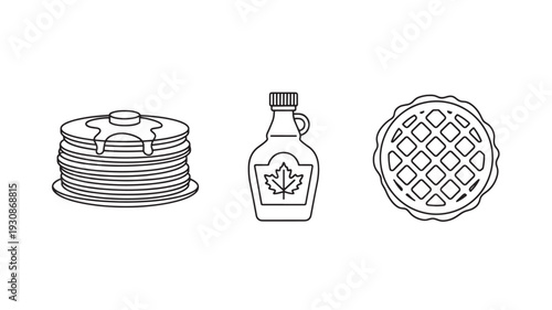 Syrup, pancakes, and waffles in simple line art style with black and white color scheme for breakfast illustration