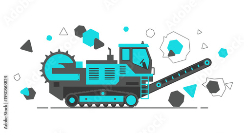 Industrial Mining Machine With Conveyor Belt And Rocks On White Background
