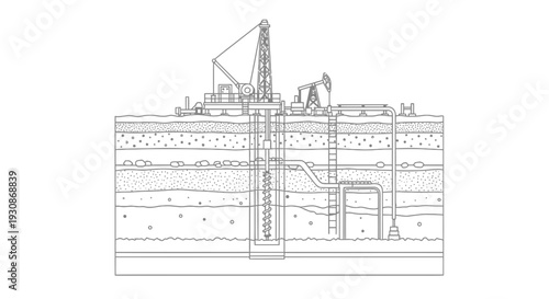 Detailed technical drawing of an oil rig with layered geological formations.