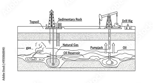 Detailed diagram of an oil well and natural gas extraction process.