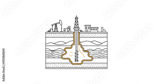 Oil extraction process diagram showing drilling and refining stages.