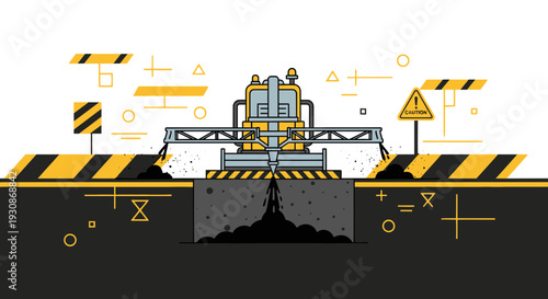 Industrial Mining Excavator Extracting Resources From The Ground With Caution Sign