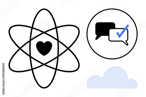 Atomic structure with heart core, chat bubbles with a checkmark, and cloud shape. Ideal for science, communication, connectivity, collaboration, love technology innovation. Simple flat metaphor
