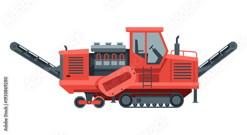 Industrial Red Crusher Machine Illustration On White Background