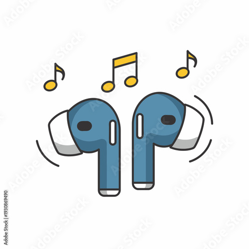 Cartoon illustration of wireless earbuds with musical notes around them.