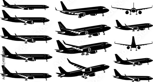 Black Silhouette Set of Commercial Passenger Airplanes and Jet Aircraft in Various Flight Perspectives for Aviation Travel Tourism Global Logistics and Aerospace Industry Design