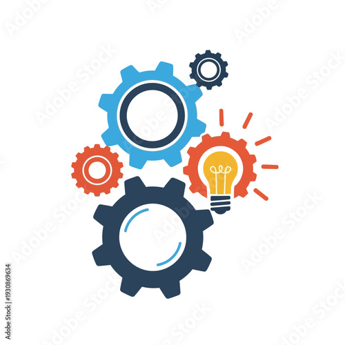 Interconnected gears with a lightbulb symbolizing innovation and ideas.