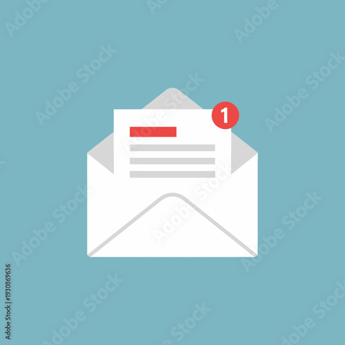 An open envelope with a notification letter inside and a red notification badge.