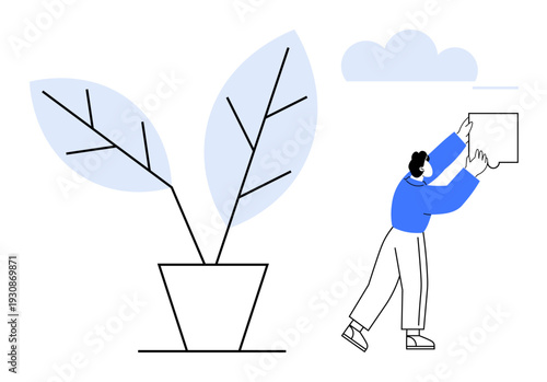 Sustainability concept. Sustainability ed with natural plant elements and a person connecting with shapes. Sustainability linked to ecology, environment, creativity. For eco-lifestyle, education