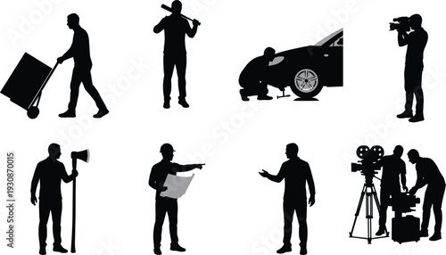 Professional worker silhouettes set, mechanic cameraman builder lumberjack delivery man engineer and film crew black vector illustration collection