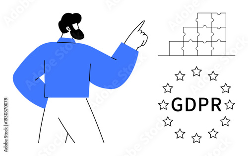 GDPR concept. GDPR illustrated with compliance elements, including puzzle pieces and regulations ed by stars. GDPR ensures data protection and legal adherence. Ideal for legal, business