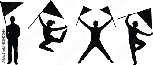 Protesters holding flags silhouettes set, activist people waving banners in dynamic poses isolated on white background vector illustration