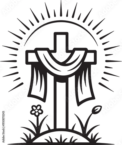 A black and white illustration depicting a cross with flowing fabric and floral elements
