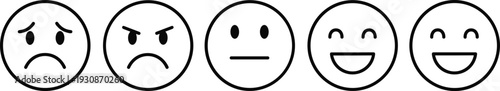 Emoji Faces Expression Icons Set Showing Sad Angry Neutral and Happy Emotions in Outline Style