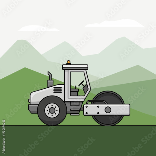 Industrial Road Roller Machinery Operating On Green Hillside Landscape