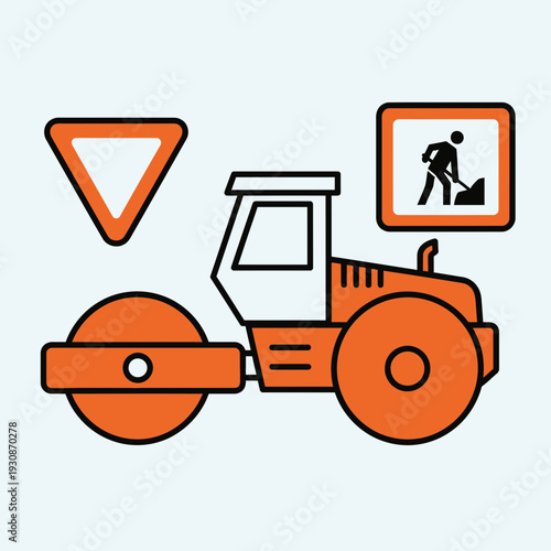 Industrial Road Roller Vehicle Construction Signage Illustration