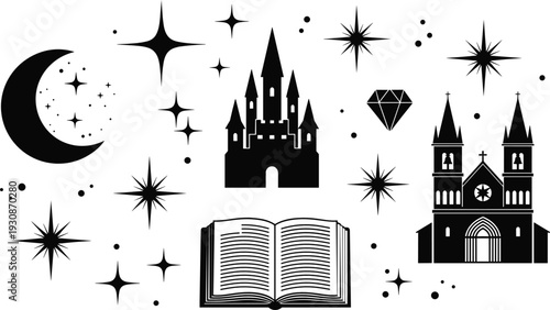 Fairy Tale Fantasy Silhouette Icons Set Featuring Castle Church Magic Book Moon Stars and Diamond