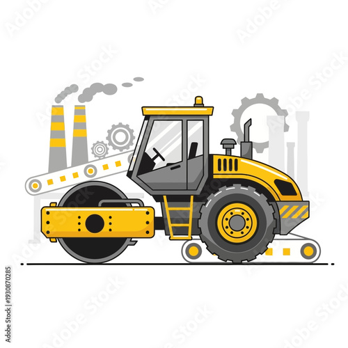 Industrial Road Roller Machine Working in Construction Site With Factory Background