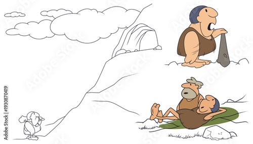 Cavemen express different emotions outdoors.