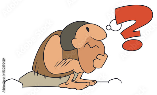 Confused funny caveman thinking deeply.