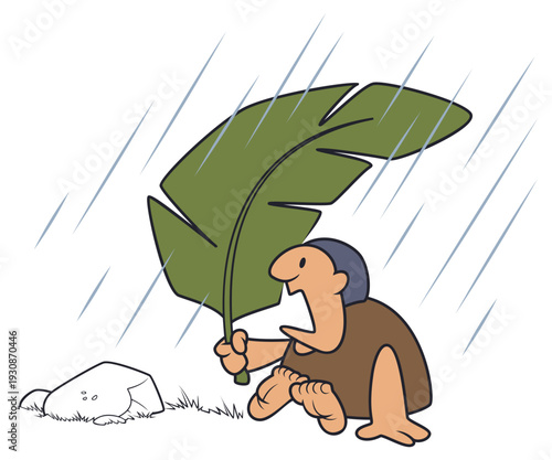 Cavemen shelters from rain with leaf.