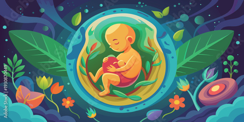 Creative fetus illustration surrounded by natural elements symbolizing life creation, motherhood journey, pregnancy wellness, prenatal care, and human development concept.