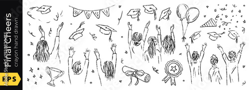 Hat, cap, and graduate line drawing with crayon for education and graduation doodle, plus a student cartoon by hand at an academy. Isolated school vector illustration of success on a white.