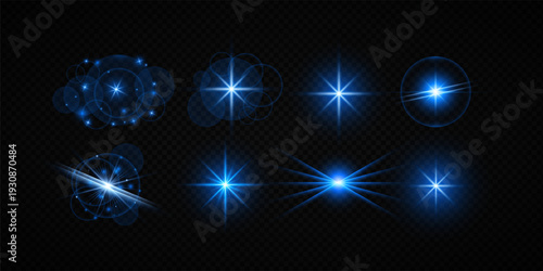 Colorful Star Light Effect Collection with Blue, Golden, and Yellow Glowing Starlight Sparkle Rays and Lens Flare Illumination on Transparent Background